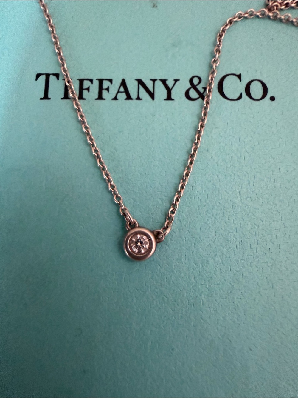 Tiffany & Co. Silver  Bezel Diamond Pendant Necklace 16 long - Picture 3 of 4